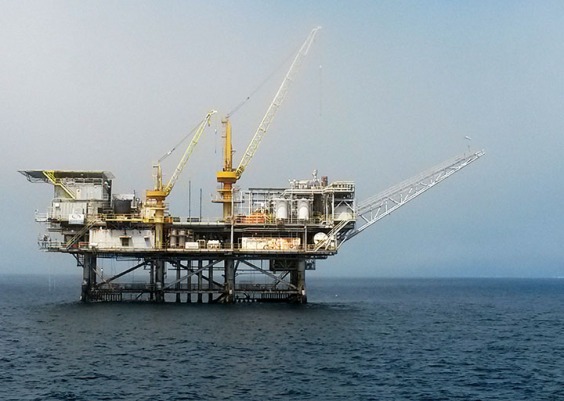 An oil production platform sits offshore Santa Barbara, California.